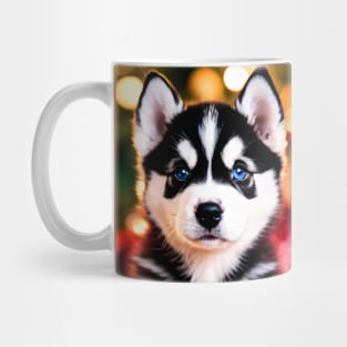 Tiny Husky Puppy Dog by Christmas Tree Mug